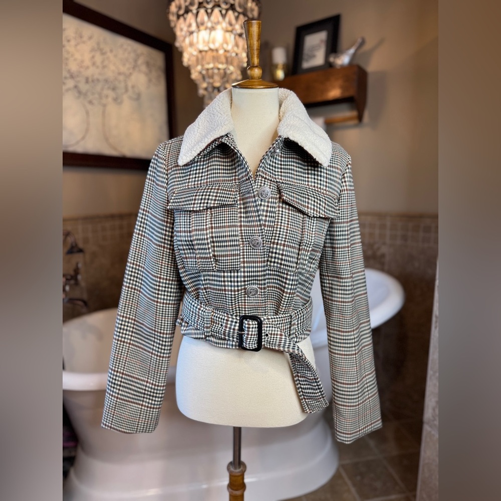 House of Harlow 1960 Red Checkered Bomber Jacket with Sherpa Collar medium